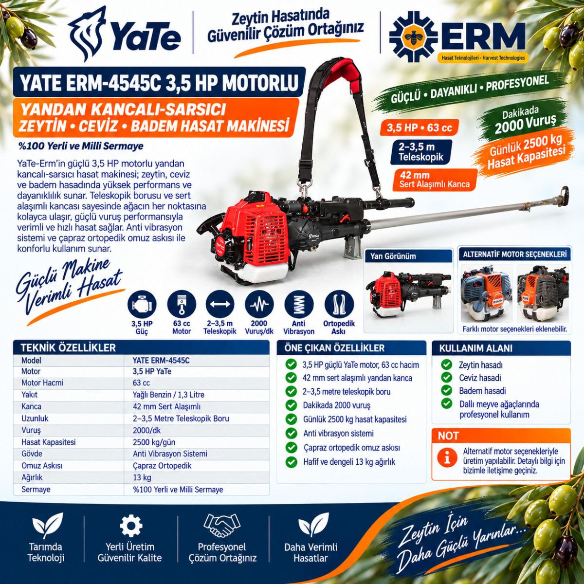 YATE ERM-4545C 3,5 HP MOTORLU YANDAN KANCALI-SARSICI ZEYTİN-CEVİZ-BADEM HASAT MAKİNESİ
