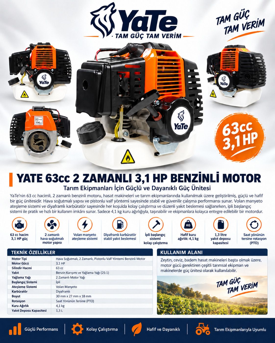 YATE 63 CC 2 ZAMANLI 3.1 HP BENZİNLİ MOTOR 