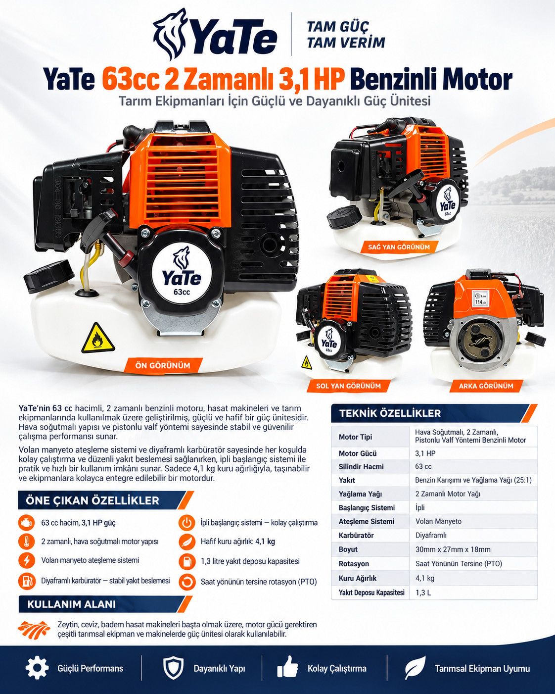 YATE 63 CC 2 ZAMANLI 3.1 HP BENZİNLİ MOTOR 