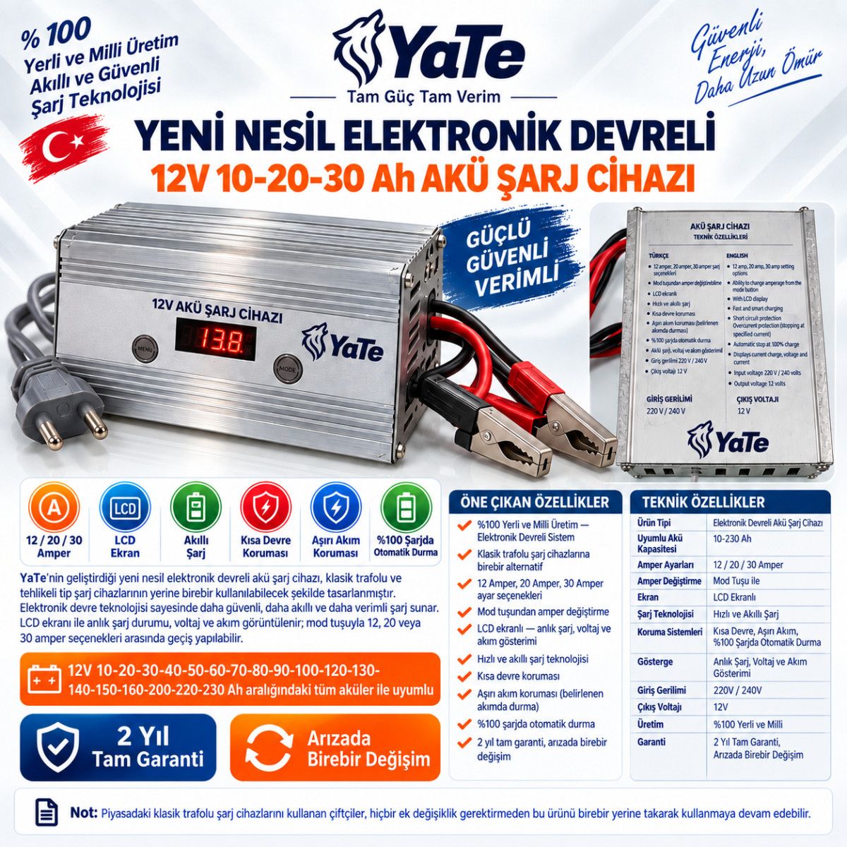 YATE YENİ NESİL ELEKTRONİK DEVRELİ 12VOLT 10-20-30 AH AKÜ ŞARJ CİHAZI