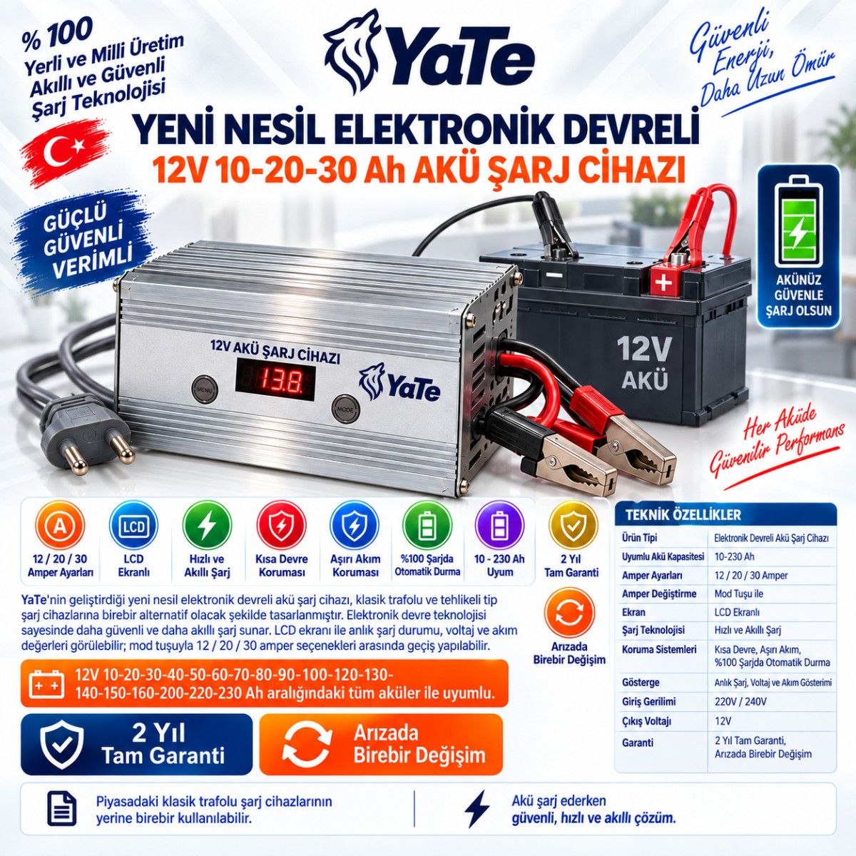 YATE YENİ NESİL ELEKTRONİK DEVRELİ 12VOLT 10-20-30 AH AKÜ ŞARJ CİHAZI