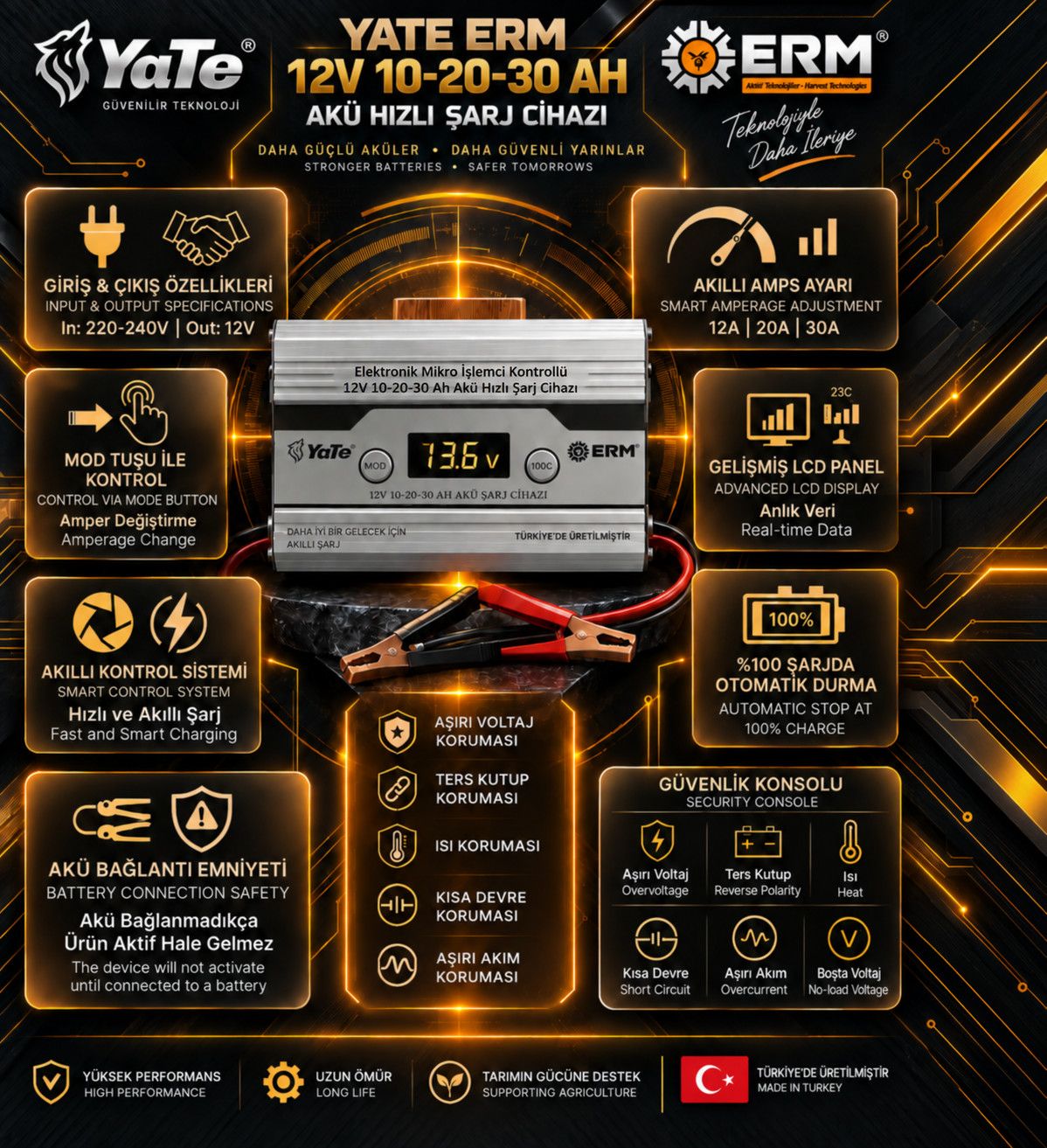 YATE ELEKTRONİK  MİKRO İŞLEMCİ KONTROLLÜ 12VOLT 10-20-30 AH AKÜ HIZLI ŞARJ CİHAZI