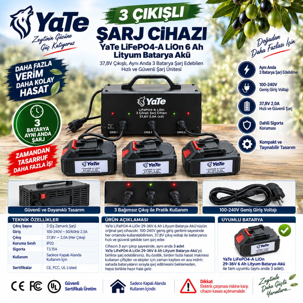 YATE LiFePO4-A LiON 6 Ah LİTYUM BATARYA AKÜ 3 ÇIKIŞLI ŞARJ CİHAZI