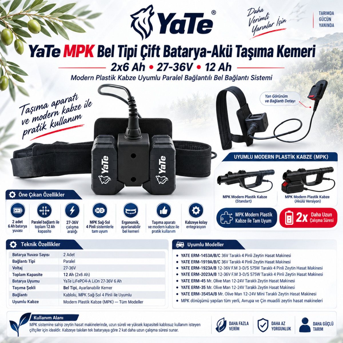 YATE MPK BEL TİPİ ÇİFT BATARYA-AKÜ TAŞIMA KEMERİ  2X6 AH :27-36V 12AH