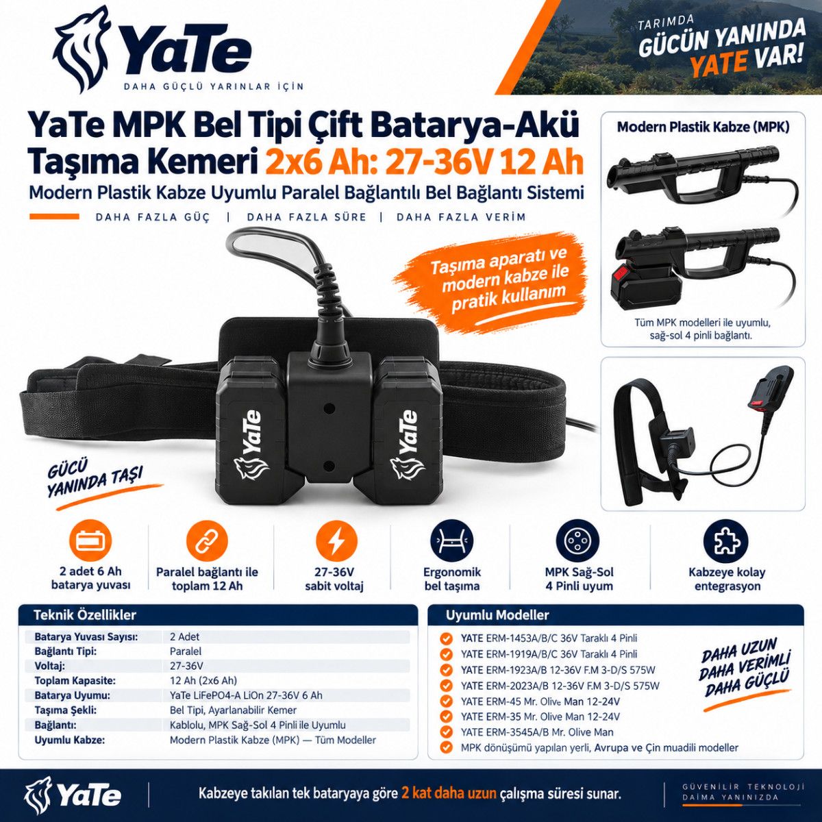 YATE MPK BEL TİPİ ÇİFT BATARYA-AKÜ TAŞIMA KEMERİ  2X6 AH :27-36V 12AH