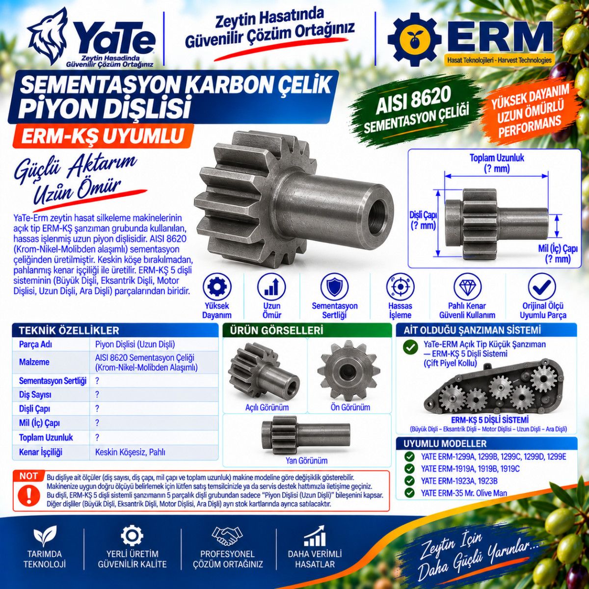 SEMENTASYON KARBON ÇELİK ALAŞIMLI PİYON DİŞLİSİ ERM-KŞ UYUMLU