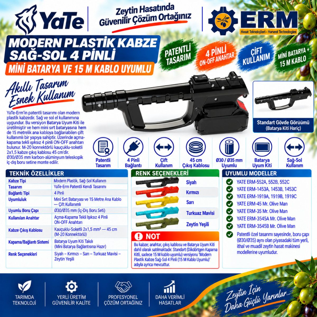 MODERN PLASTİK KABZE SAĞ-SOL 4 PINLI ( MİNİ BATARYA VE 15 M KABLO UYUMLU )