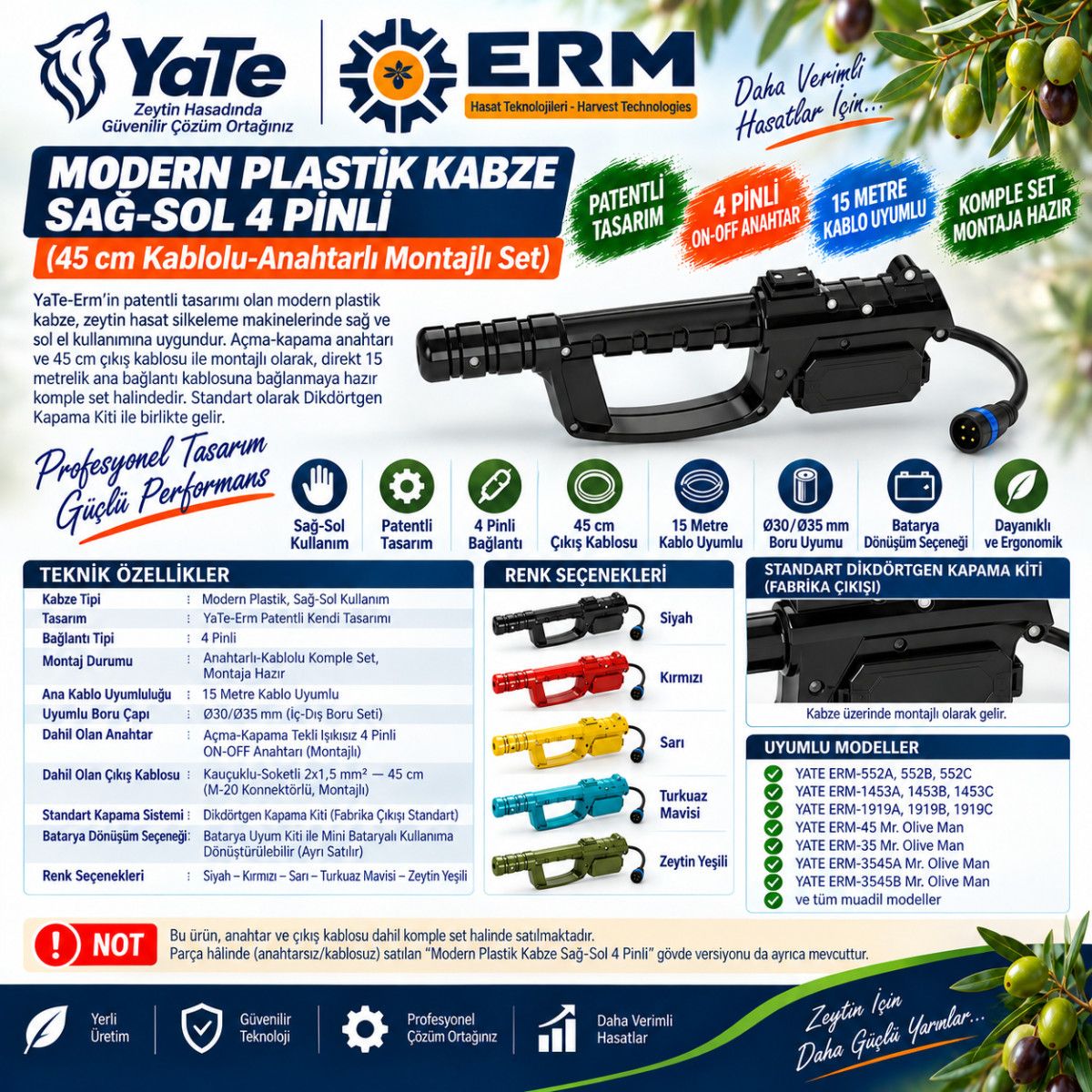MODERN PLASTİK KABZE SAĞ-SOL 4 PINLI (45 CM KABLOLU-ANAHTARLI MONTAJLI SET)