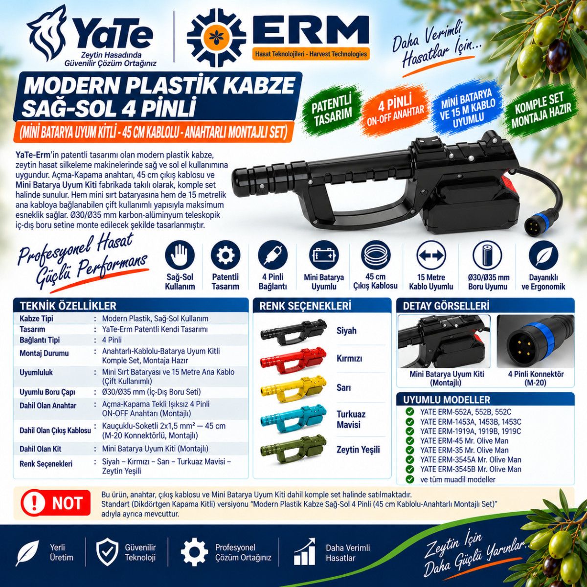 MODERN PLASTİK KABZE SAĞ-SOL 4 PINLI (MİNİ BATARYA UYUM KİTLİ-45 CM KABLOLU-ANAHTARLI MONTAJLI SET)