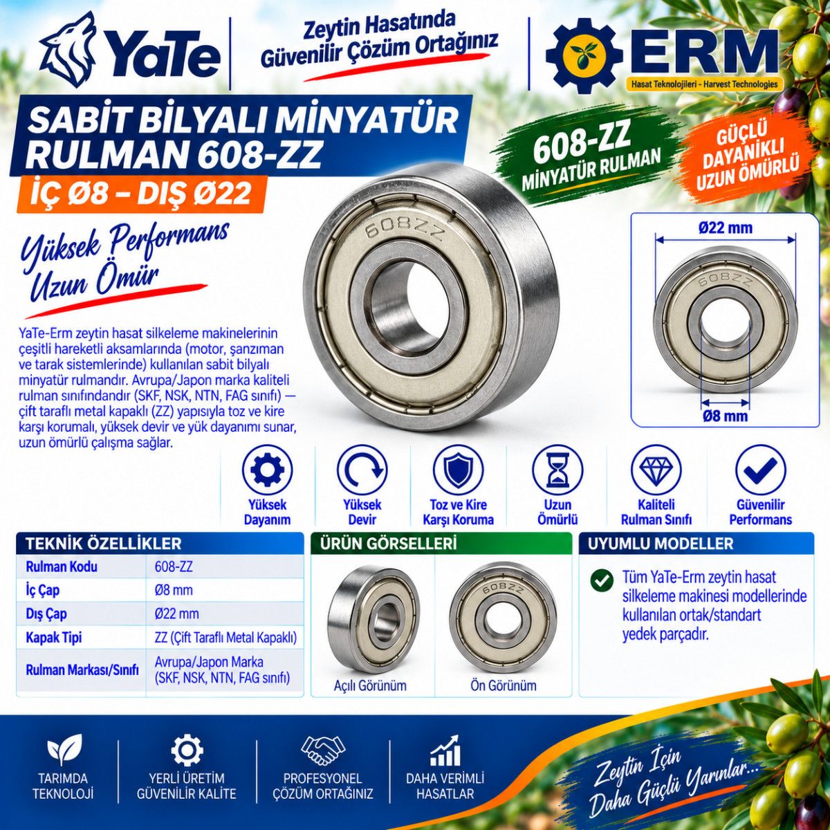 SABİT BİLYALI MİNYATÜR RULMAN 608-ZZ (İÇ Q8-DIŞ Q22)
